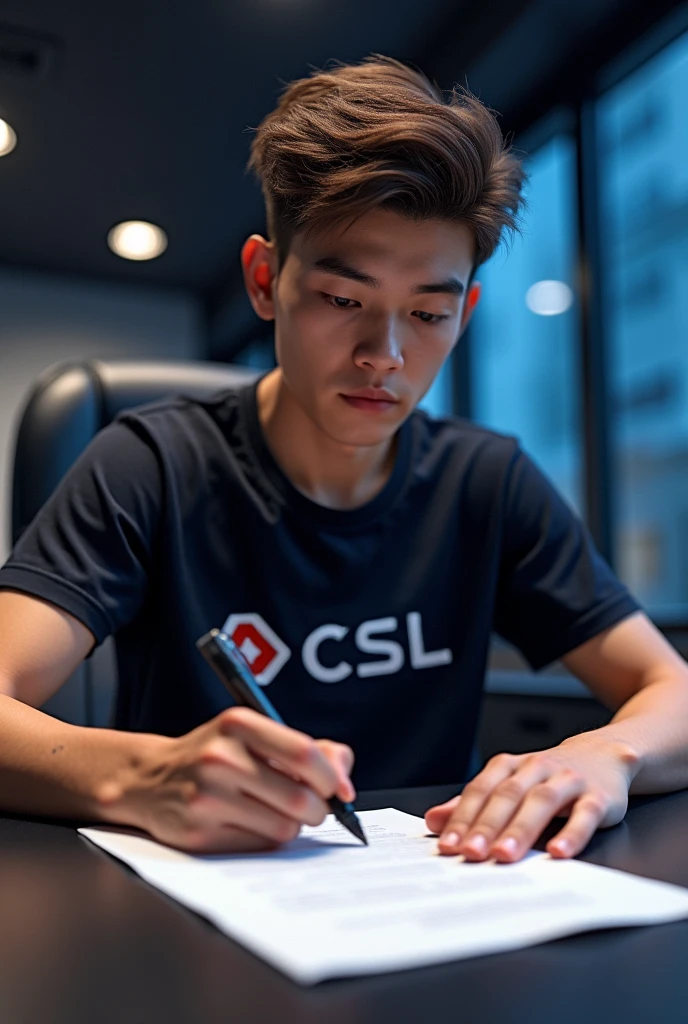 Create an image showing a gamer signing a contract with the line called "csl", Place "acey shirt", SHOW the csl name on the shirt 