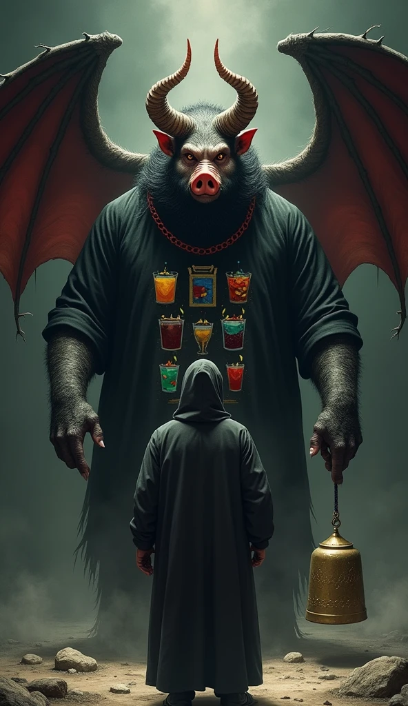 Illustration of the devil in his true form, standing in front of Prophet Yahya in a dark and tense atmosphere. The devil's body resembles a pig with an ape-like face., his eyes and mouth are elongated, and his nose is up. On his shoulders and eyebrows are two extra hands with six fingers, while on his back there are two large and scary wings. A Majusi idol perched on its wings, and the devil wears a shirt decorated with six types of colorful drinks. His hand held a large swinging bell., emits an aura of darkness. The background is dark with a little light from the direction of Nabi Yahya, adds a dramatic and scary impression."