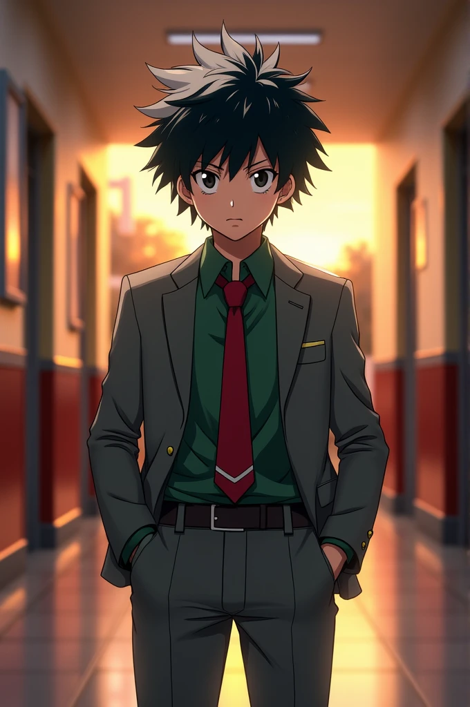 Boku no hero academia template boy black hair with white tips a little long black eyes wears a gray blazer with green workwear and a red tie is found in the hallway of a school at dusk
