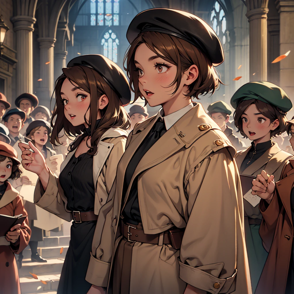  with brown hair, worn out clothes almond shaped eyes and black 1930s clothes and beret singing in a choir 