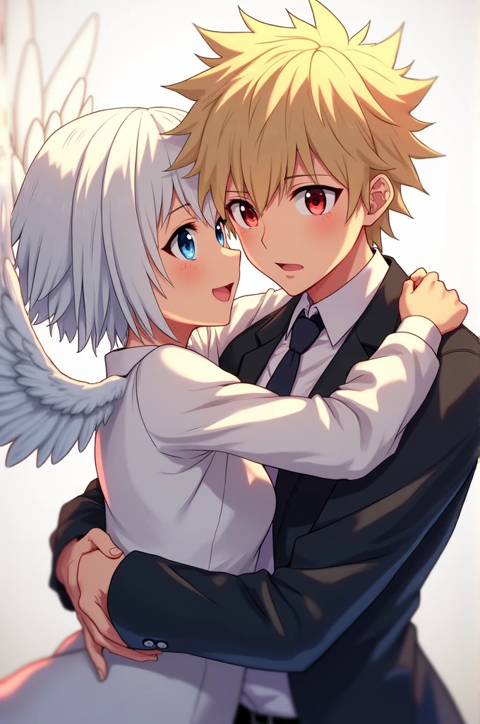 ((best quality)), ((masterpiece)), (detailed), perfect face ((Boku no hero style, anime)) A girl with short messy white hair, white wings, blue eyes hugging a guy who's named Katsuki Bakugou, FROM Boku no hero. A half-temper Guy, blond Haru, spiky hair and red eyes.