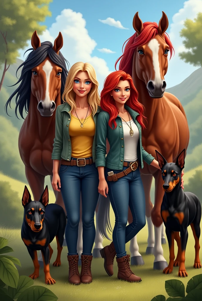Adult with blonde hair and blue eyes with a big brown horse and two Dobermans next to her red-haired friend with another red-haired horse 