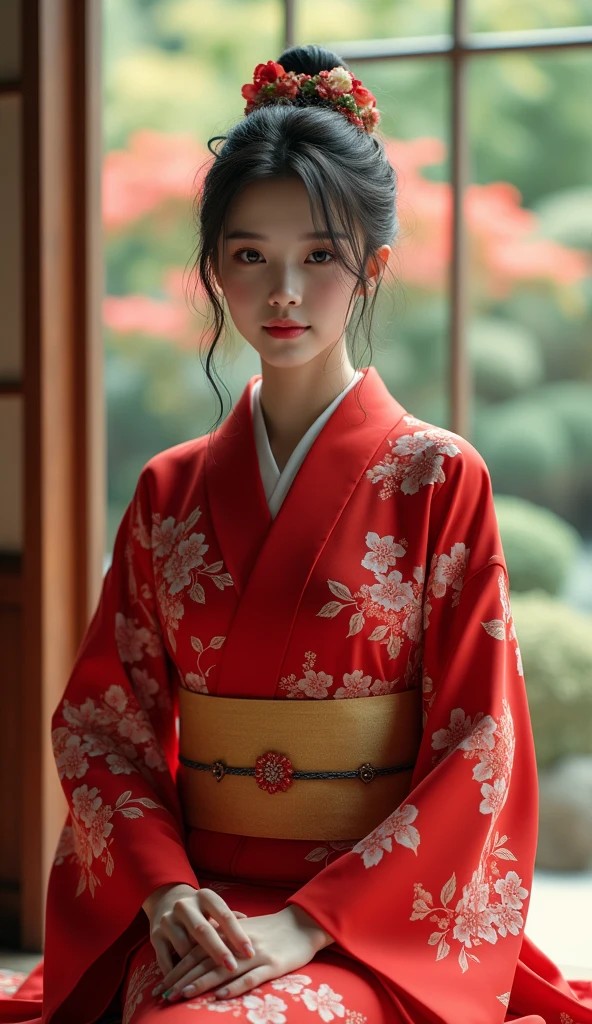 (Photorealistic:1.4), (Best image quality:1.0), (超High resolution:1.0), 8k、English 0.1 : Korean 0.1 : Taiwan 0.3 、（（  Perfect Eyes、Perfect Mouth、Symmetrical eyes、））RAW Photos, (masterpiece:0.2), (Pure Eros Face_Right and left eye or same size、LOL 、v1:0.5)、(Highest quality detail:1.2)、Realistic、8k、High resolution、(One Girl:1.2)、超detailedな、High quality textures、Intricate details、detailed、非常にdetailedなCG、High Quality Shadows、detailed 美しく繊細な顔、detailed 美しく繊細な目、Depth of written boundary、One Girl,  cute, 赤いkimono, kimono with Japanese pattern,Floral scrunchie, Beautiful Skin, Look forward,please sit down, Facing directly ahead of the viewer、Put your hands together gracefully,The land of Japan smiling faintly,Japanese garden,Luxurious Japanese-style room, 1 Female, alone, Lift your hips high, View the viewer, (detailedな顔), kimono,