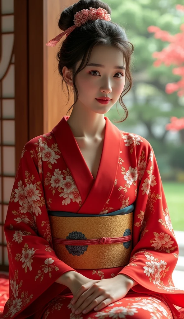 (Photorealistic:1.4), (Best image quality:1.0), (超High resolution:1.0), 8k、English 0.1 : Korean 0.1 : Taiwan 0.3 、(( Perfect Eyes、Perfect Mouth、Symmetrical eyes、))RAW Photos, (masterpiece:0.2), (Pure Eros Face_Right and left eye or same size、LOL 、v1:0.5)、(Highest quality detail:1.2)、Realistic、8k、High resolution、(One Girl:1.2)、超detailedな、High quality textures、Intricate details、detailed、非常にdetailedなCG、High Quality Shadows、detailed 美しく繊細な顔、detailed 美しく繊細な目、Depth of written boundary、One Girl, cute, 赤いkimono, kimono with Japanese pattern,Floral scrunchie, Beautiful Skin, Look forward,please sit down, Facing directly ahead of the viewer、Put your hands together gracefully,The land of Japan smiling faintly,Japanese garden,Luxurious Japanese-style room, 1 Female, alone, Lift your hips high, View the viewer, (detailedな顔), kimono,