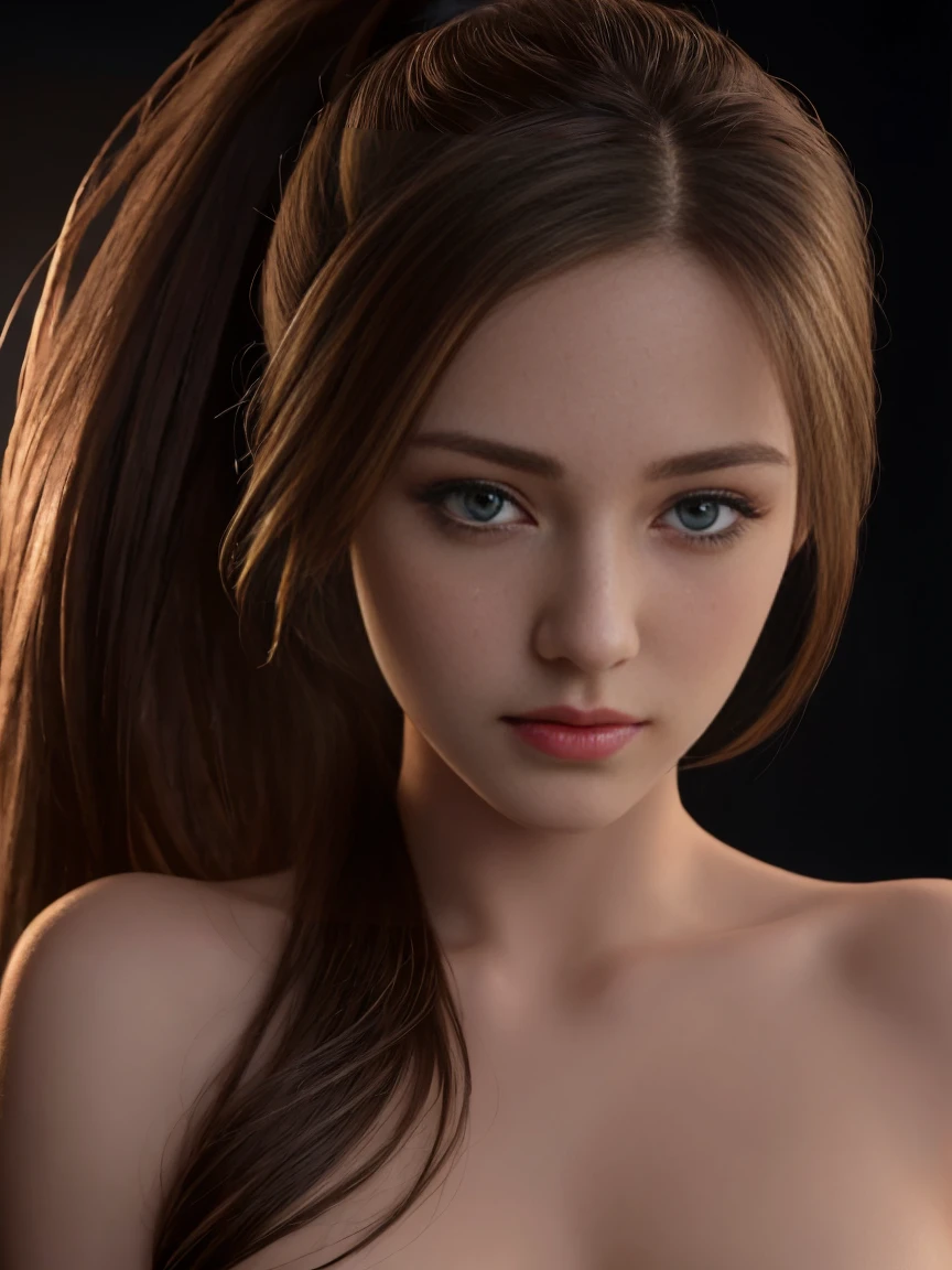A very long straight silky red haired sweden girl, bang, green eyes, 20 years old, young, pale skin, Ultra high res, uhd, (photorealistic:1.4), mons veneris from the side, doll-like face, in a dark room dramatic lighting, shy, full body shot, side view, a towel wrapping around her body,