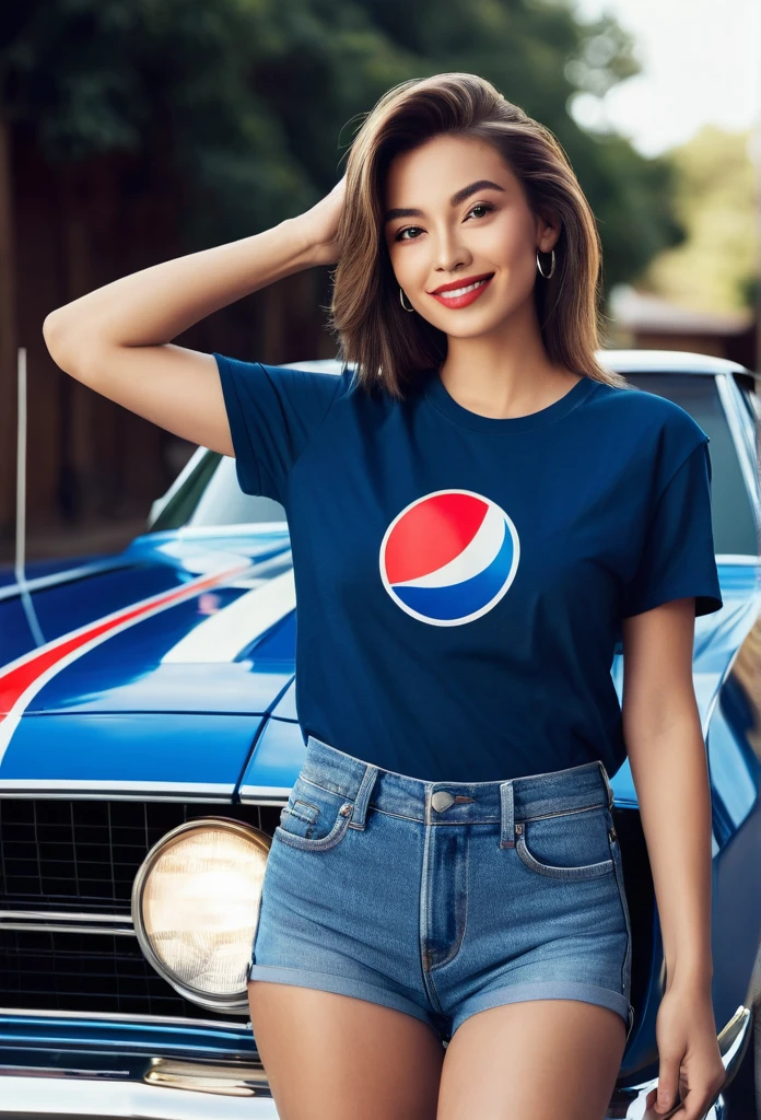 "An attractive woman posing confidently for a photo, wearing a tight T-shirt with the Pepsi logo and jean shorts. Her straight hair falls elegantly over her shoulders and she stands with a casual but elegant posture. The lighting highlights her natural beauty, with a playful smile and a relaxed atmosphere, is standing in front of a classic Camaro zz, she is holding a bottle of Pepsi brand soft drink in her hand, which adds a dynamic and avant-garde element to the scene, emphasizing the fusion of automotive style and culture". retro style colors