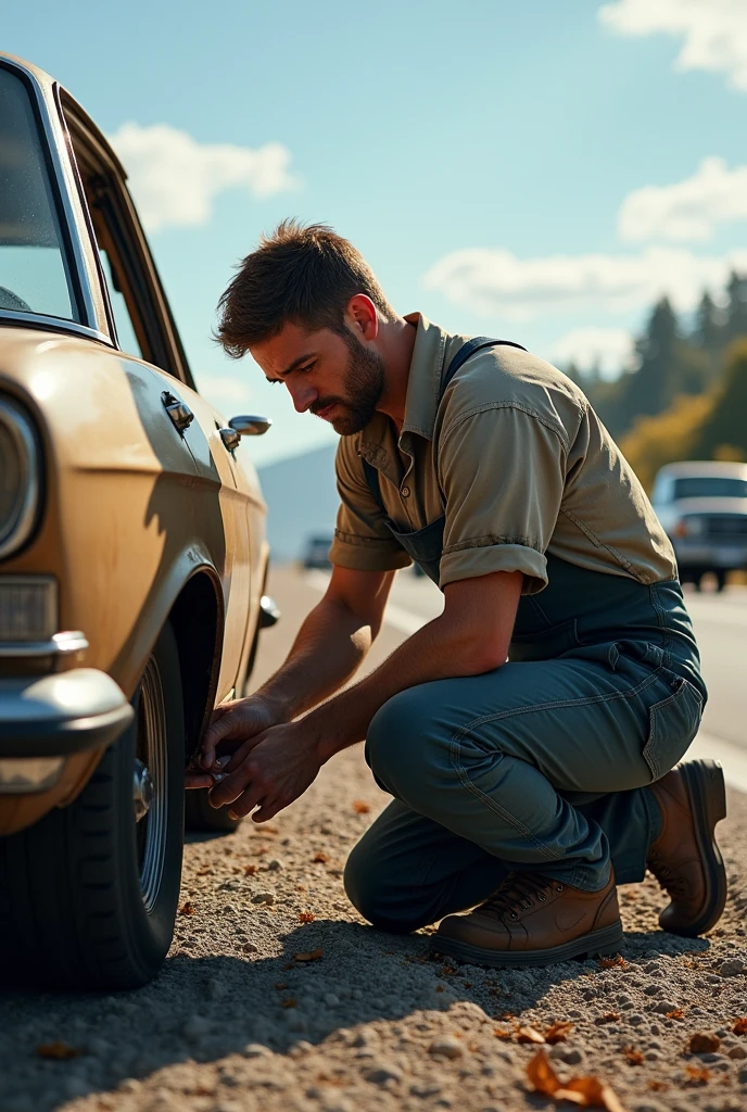 Man in mechanic uniform crouches down next to a car changing a flat tire on the side of a highway during daytime