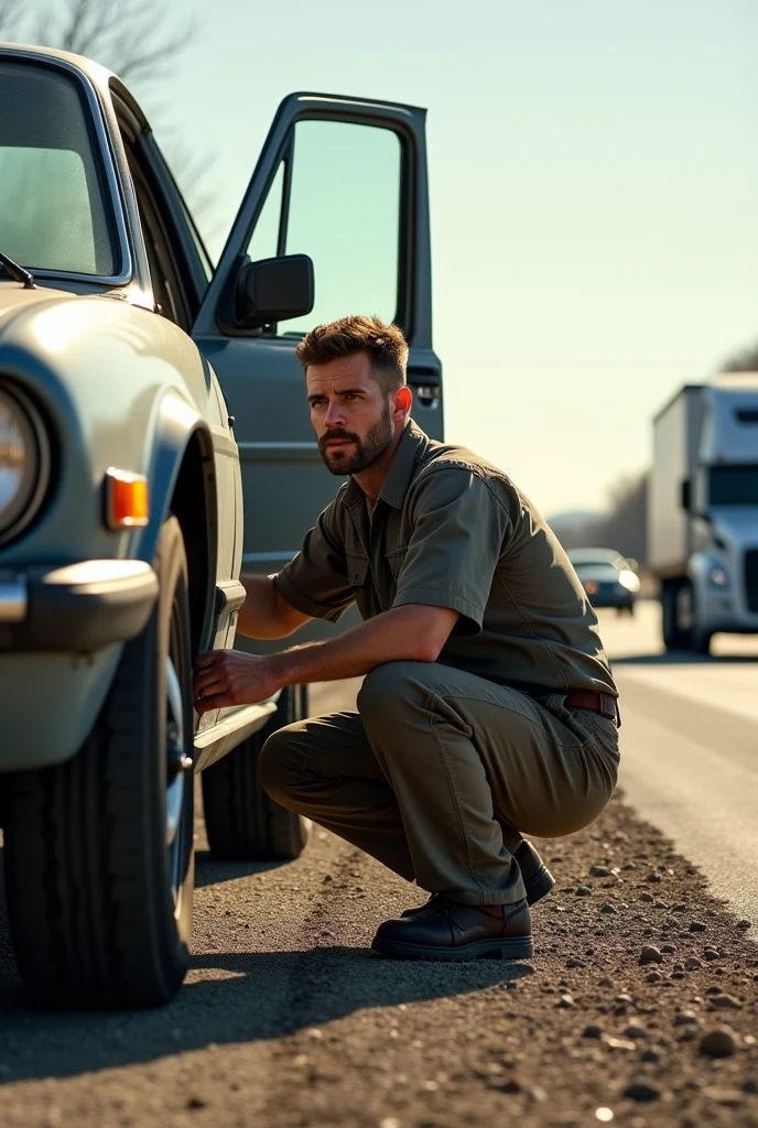 Man in mechanic uniform crouches down next to a car changing a flat tire on the side of a highway during daytime