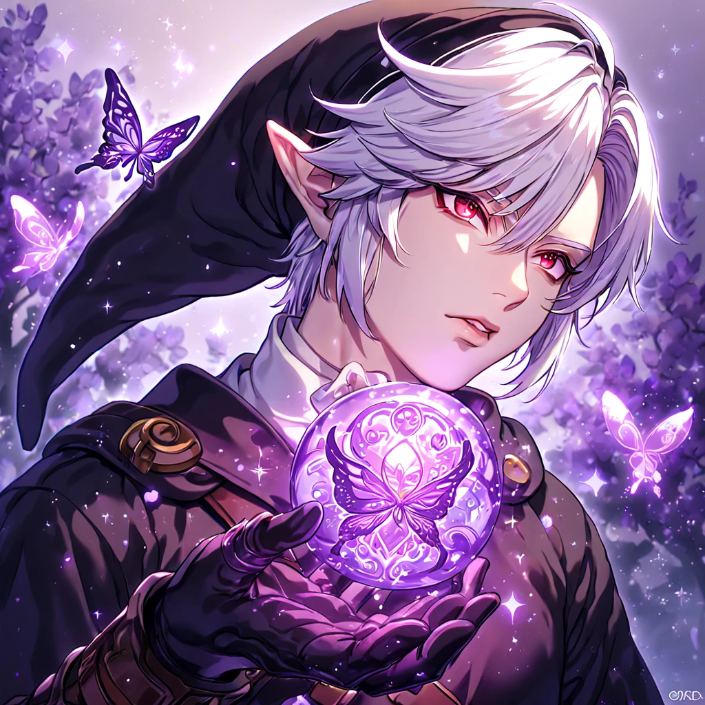 absurdres, highres, ultra detailed, HDR, master piece, best quality, extremely detailed, Dark Link, white hair, expressive red eyes, The Legend Of Zelda Ocarina Of Time, solo, sexy man, sensual, handsome, black tunic, black hat, black gauntlets, black skin, under a purple tree, fantasy, magical, purple glittering fireflies, purple butterflies, purple flames, glass magic, purple leaves