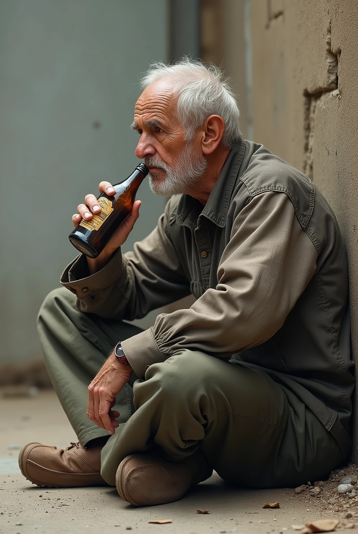 elderly man drinking sitting on the ground, with a bottle in hand. Full body image shows him from head to toe. Side perspective where you can see his right profile