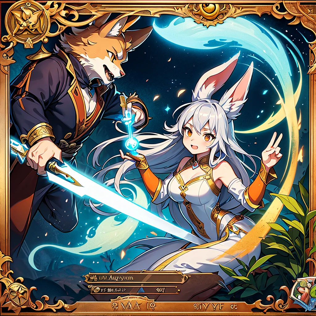 Mucha style , Adventure fantasy, the magician old silver wolf , with the droopy-eared swordsman orange rabbit girl , The Swordsman supports the Magician while he is casting a spell.