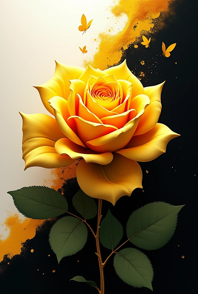 an image with a white, black and yellow background and a gold rose in the center that is lively and pretty