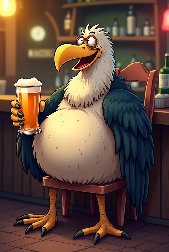 Cartoon of a 5 vulture with a beer belly and a glass of beer, sitting on a plastic chair in a bar in Brazil, neutral emotion