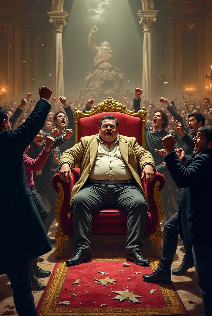 A fat king being attacked by the people during the French Revolution