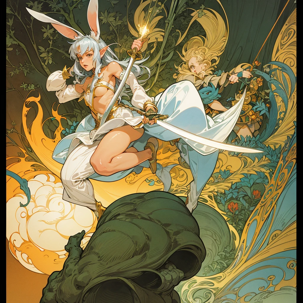 Mucha style , Adventure fantasy, the magician old silver wolf , with the droopy-eared swordsman orange rabbit girl , The Swordsman supports the Magician while he is casting a spell.