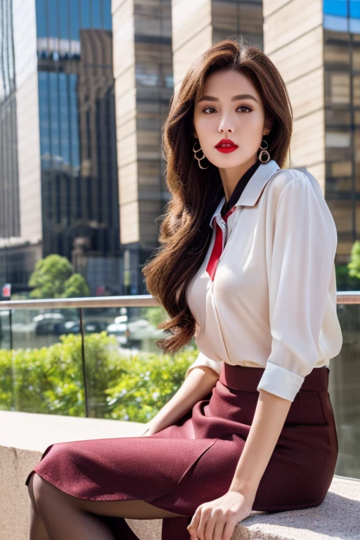 (Highest quality, masterpiece, Ultra-high resolution、8k), (Delicate face、Detailed eyes and face、Perfect Eyes、Lustrous red lips)、(Full Body Portrait)、 1 girl 、Slim and tall、Long thin legs、Dark brown hair , (Colorful collared shirts、Midi Skirt:1.2) , (silk pantyhose)、Large Breasts、Highly detailed face and skin texture、 (Modern architecture in the background)、Sitting in stiletto heels、(((Perfect Anatomy、Anatomically correct)))