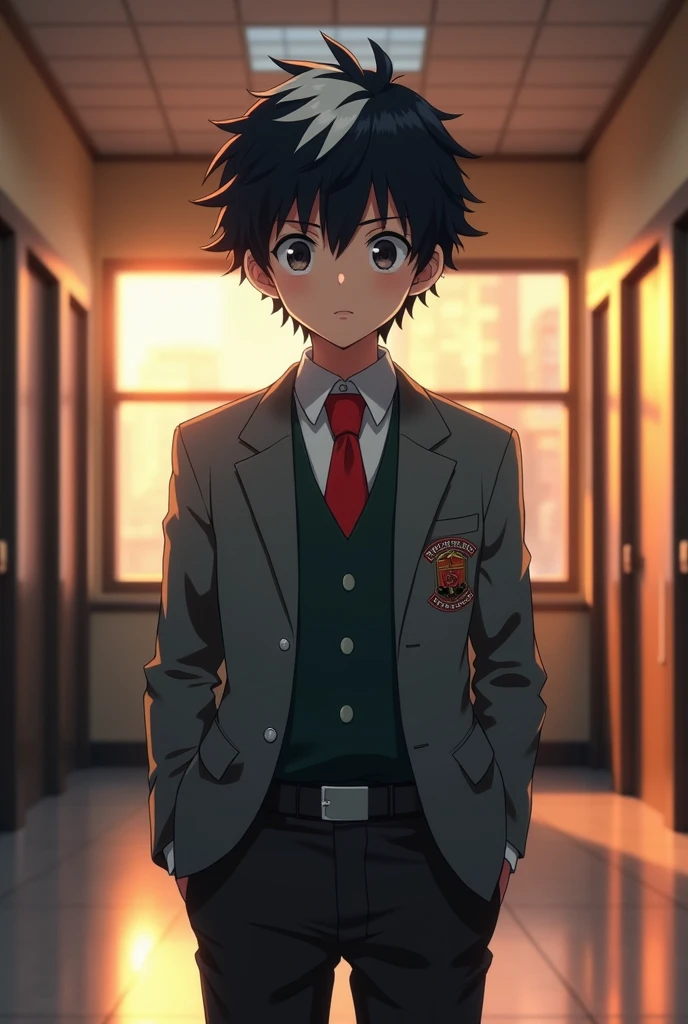 Boku no hero academia template boy black hair with white tips a little long black eyes wears a gray blazer with green workwear and a red tie is found in the hallway of a school at dusk