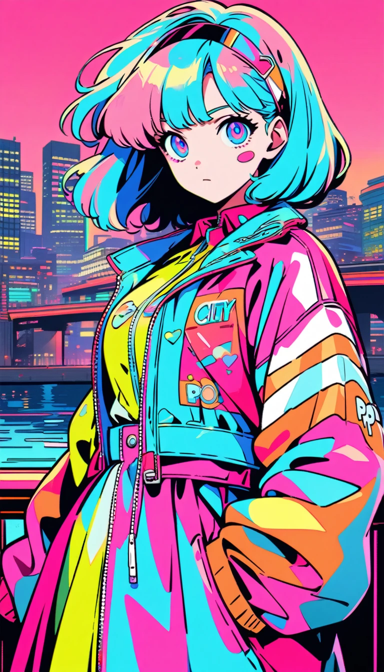 masterpiece, Highest quality, Beautiful attention to detail, Very detailed, In detail, High resolution, Perfect Anatomy, colorful, pastel colour, (One person:1.5), alone, (City pop illustrations), (City Pop Art), Simple Background, Retro Style, (Vaporwave City Pop), (80's city pop:1.5), (City Pop Anime), (river, bridge), Retro Style, Kyoto Animation, 80's fashion, Cowboy Shot,Anime, Neon pink and blue colors, scar, Stickers, Neon style full shot