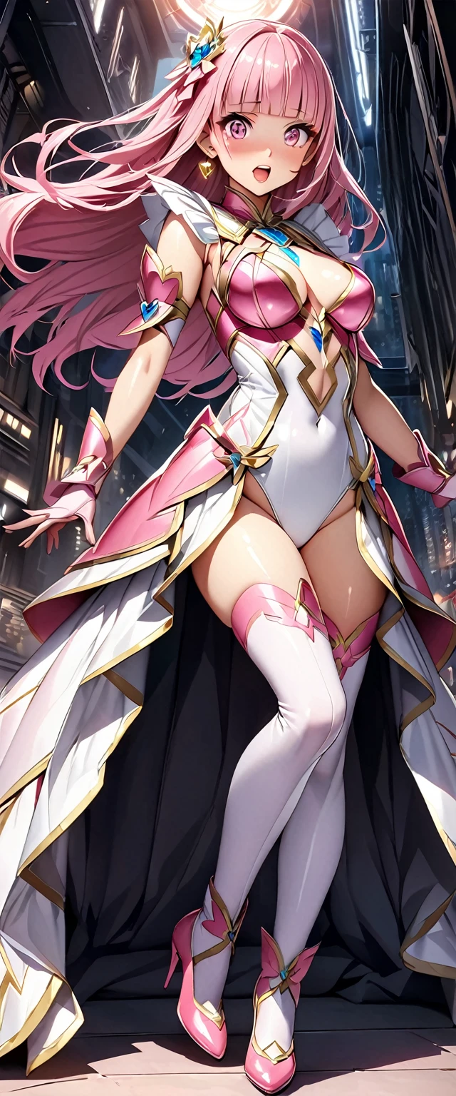 (Perfect Anatomy)、Mastepiece、Ultra High Quality、 8k、masterpiece、Highest quality、Ultra-high resolution、Maximum resolution、Very detailed、Professional Lighting、anime、woman、thin、so beautiful、Highly detailed eye、Highly detailed face、Golden earrings、Pink Hair,、Pink eyes、Detailed costume patterns、Mid-chest、Blue jewel on chest, makeup, eyeliner, eye shadow, pink cheek, pink lips, upper arm pink armor, white leotard, pink pattern, full body, magical girl, Angel Girl, pink thigh high stockings, white super long boots, pink gauntlet, high heels, blunt bangs, Hime cut, bridal hair accessory, paladin robe、(((Surprise face)))、(Surprise)、Random Pause, surprised