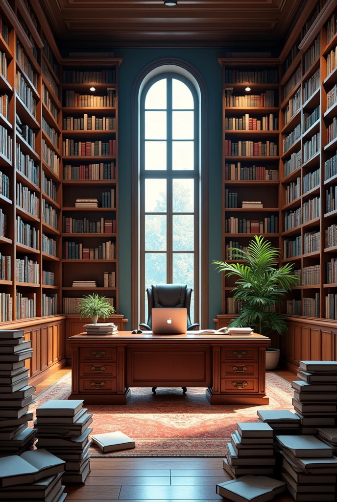Captures the image of a library, full wall, five-bar, completely lined with books of different formats that covers the four walls of a living room. A desk with an executive chair and an open laptop on the desk table is seen.; and on the floor, columns of books piled high . All of the above, a full color.