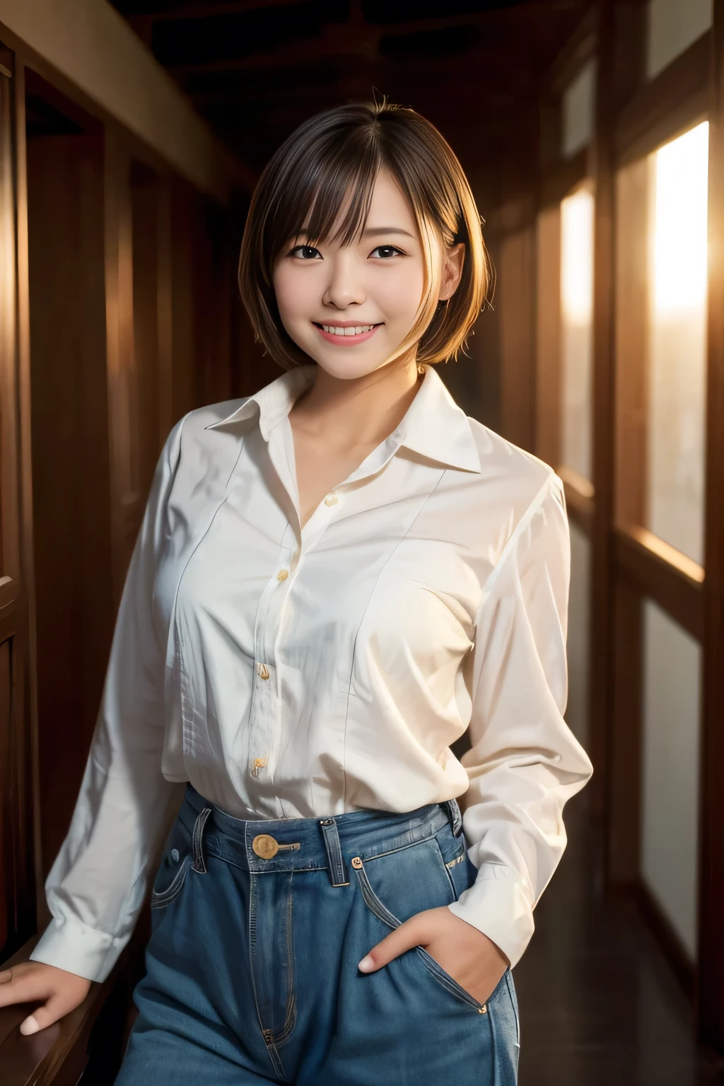 highest quality, masterpiece, Ultra-high resolution, (Reality: 1.4), Original photo, 1 woman, mature, happy smile, short hair, plump body, , Cinema Lighting, from below, ゆったりとしたライトブルーのシャツ, sunset, cowboy shot、High school girls after school, 