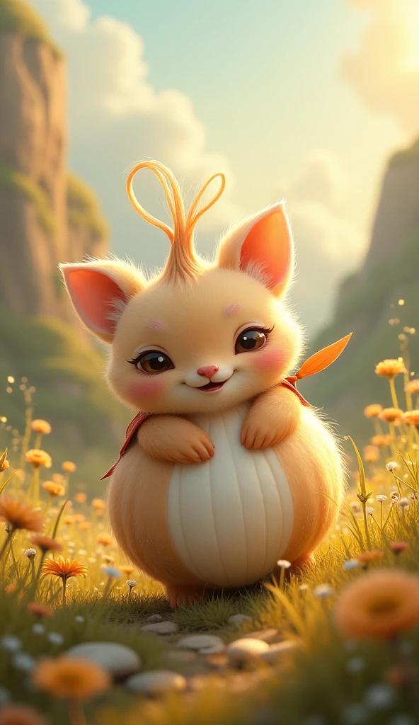 A fairy tale character based on an onion . With fur . Cute 
