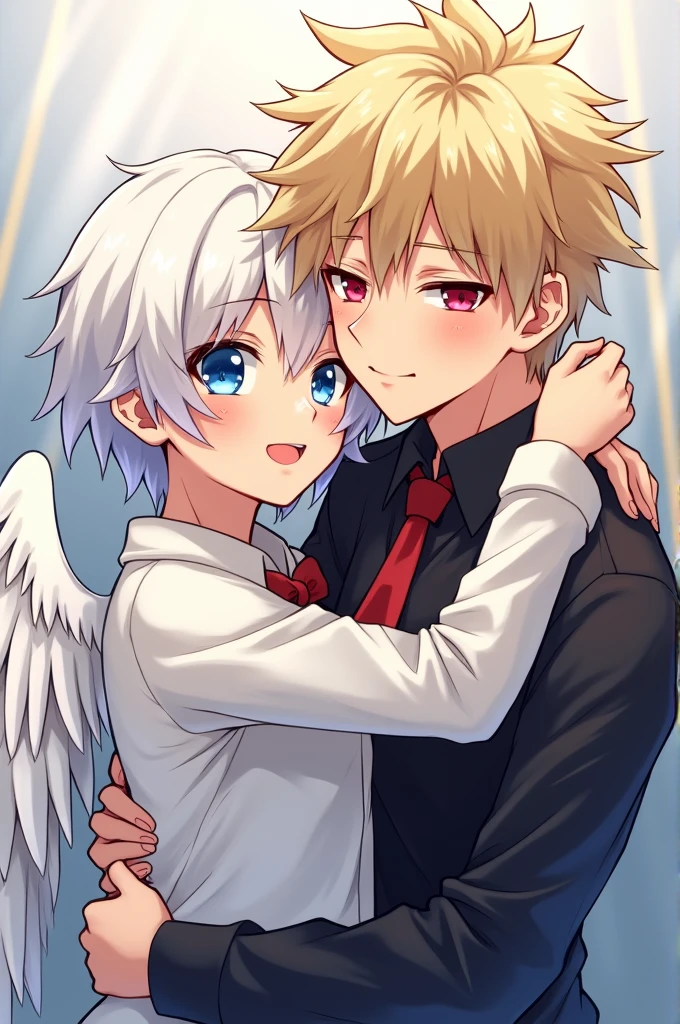 ((best quality)), ((masterpiece)), (detailed), perfect face ((Boku no hero style, anime)) A girl with short messy white hair, white wings, blue eyes hugging a guy who's named Katsuki Bakugou, FROM Boku no hero. A short-temper Guy, blond Haru, spiky hair and red eyes.