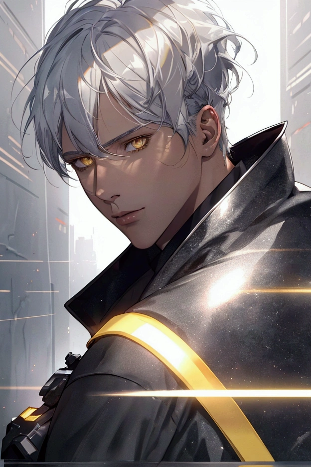 BOY, WHITE HAIR, SILVER HAIR, BLACK HAIR SHAPED, YELLOW eyes, 8k, super detail, best quality, high details, Rough, Shimmering, Ray Tracing Reflections, Lumen Reflections, Octane render, dramatic lighting