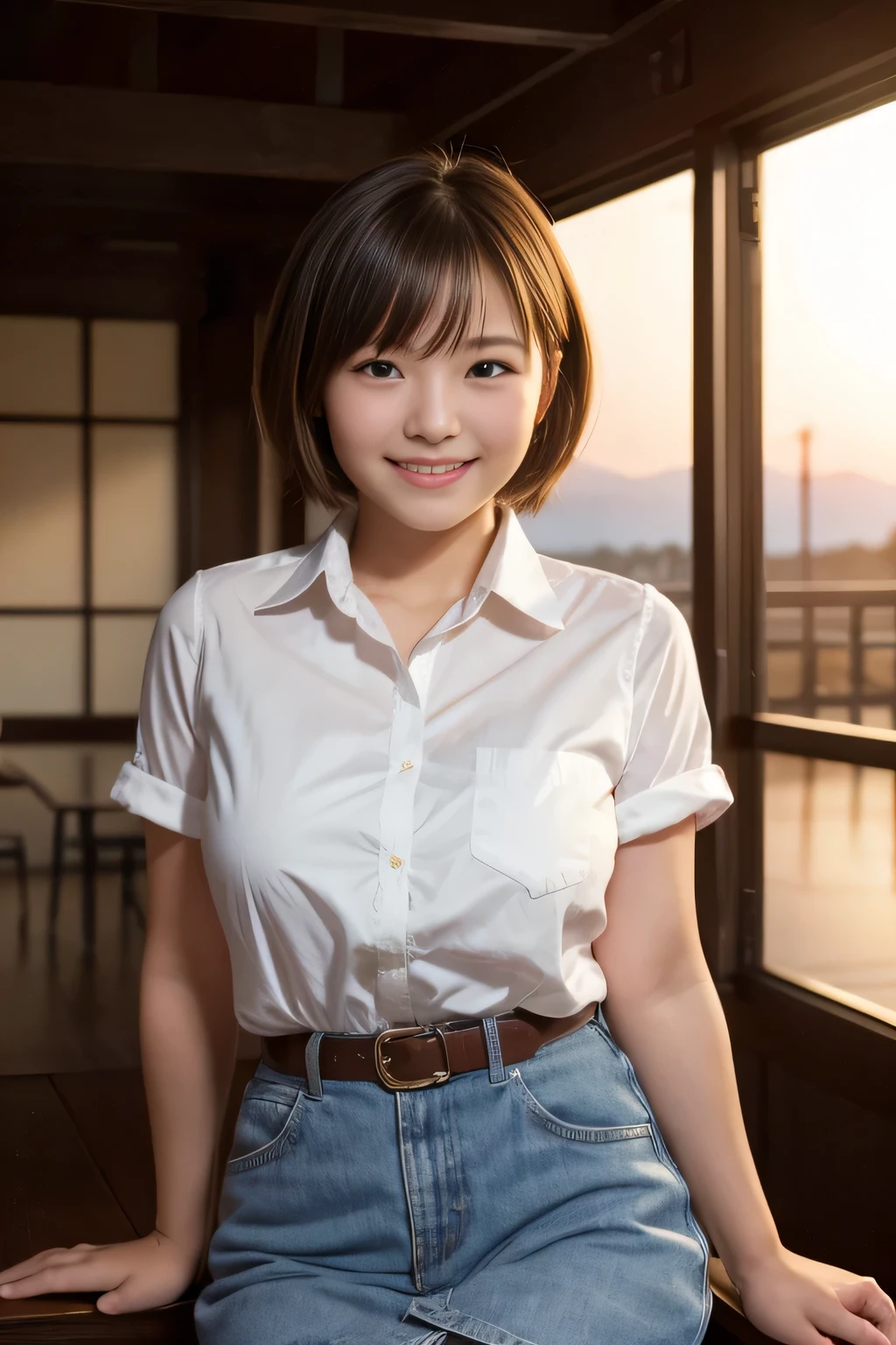 highest quality, masterpiece, Ultra-high resolution, (Reality: 1.4), Original photo, 1 woman, mature, happy smile, short hair, plump body, , Cinema Lighting, from below, ゆったりとしたライトブルーのシャツ, sunset, cowboy shot、High school girls after school,
