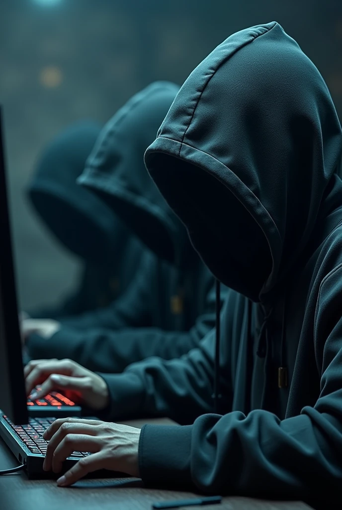 Mysterious 3 man with eyes covered by a hood, hacker making video to reveal secrets. photorealistic