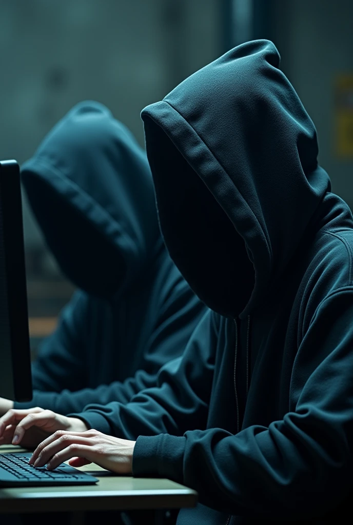 Mysterious 3 man with eyes covered by a hood, hacker making video to reveal secrets. photorealistic