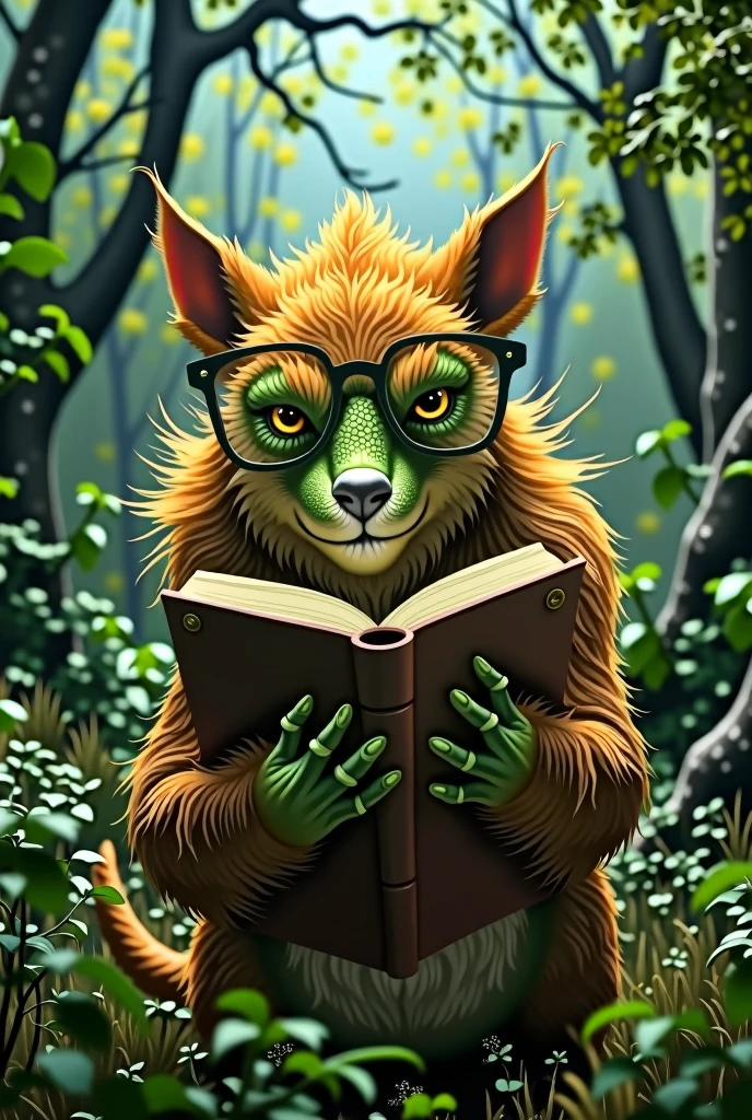 Un animal en gros plan feroce imaginaire orange et vert avec des lunettes qui raconte une histoire devant une caméra dans une foret
