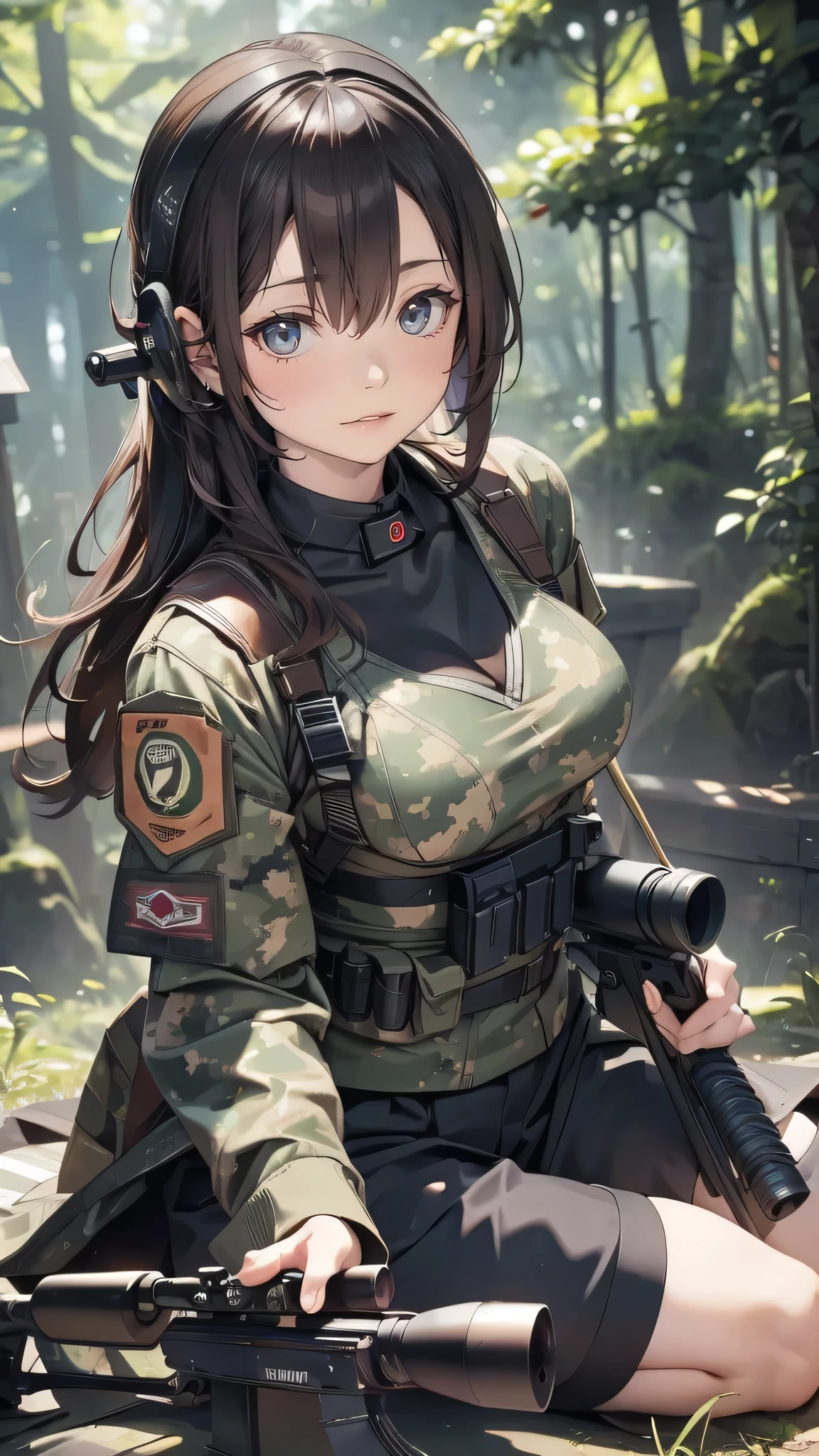(masterpiece),(Highest quality),(High resolution),(Very detailed),One Woman,4,Mature Woman,Japanese,Black Hair,Short Bob,Beautiful Eyes,Long eyelashes,Beautiful Hair,Beautiful Skin,strict,whole body,break(((aim at something with a sniper rifle))),((View the sights))(Lying down),((Sniper Rifle)),Army Camouflage Uniform,Bulletproof vest, Combat Boots, Tactical Forster,Tactical Headset,(The background is a dense forest),(((Background Blur)))
