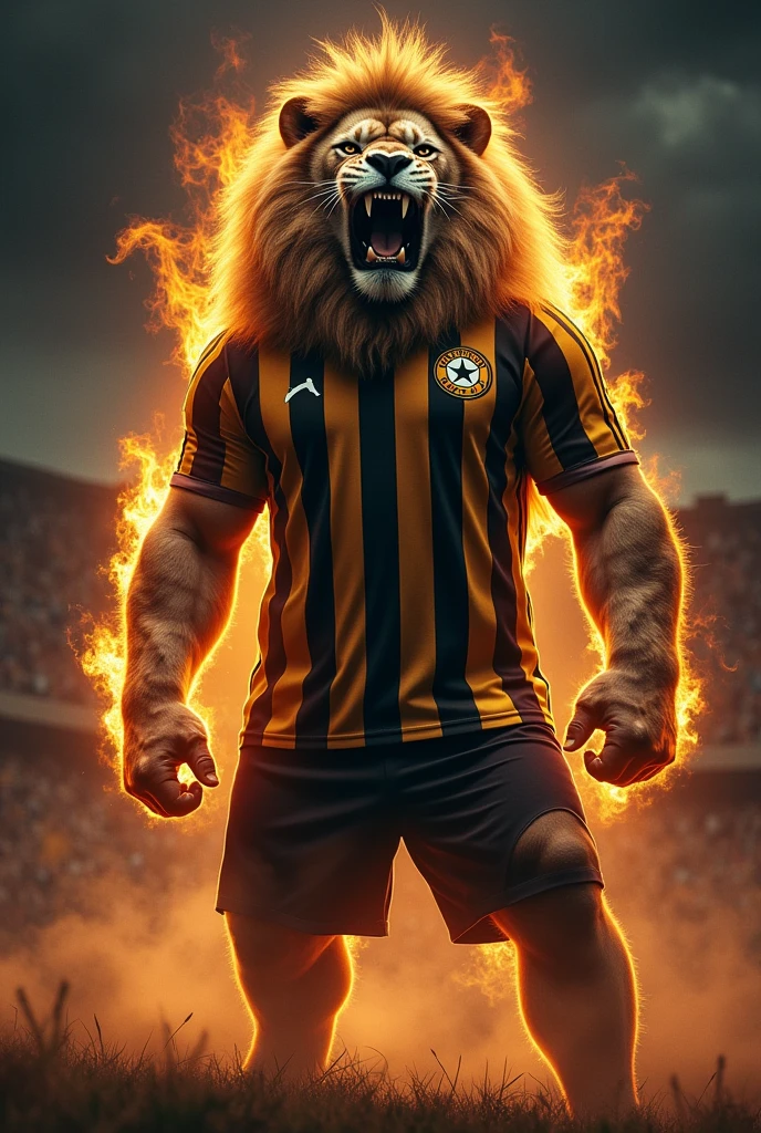 A great lion, very strong, standing as if he were human, stark, Jumpy face, snarling, showing teeth, Jumpy, around one of the lions&#39;the eyes a white star is tattooed. Fire comes out of the lion&#39;The lion&#39;s left paw.  No fundo, Flames of fire come out from behind the dog. The lion wears a shirt with alternating black and gold vertical stripes and on the right chest a gold star with a black outline. Background of a football field at night , Void, grimdark. 