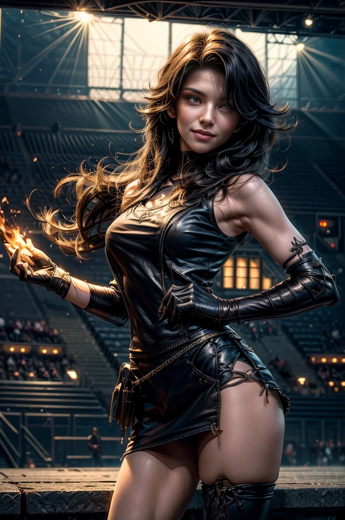 (masterpiece, best quality:1.2), cowboy shot, solo, 1girl, cinder fall, evil smile, looking at viewer, long hair, t-shirt, white skirt, sleeveless jacket, elbow gloves, pantyhose, standing inside huge gothic sport stadium, flame in hand, spectators, crowd (volumetric lighting), sharp focus, hyper detailed 