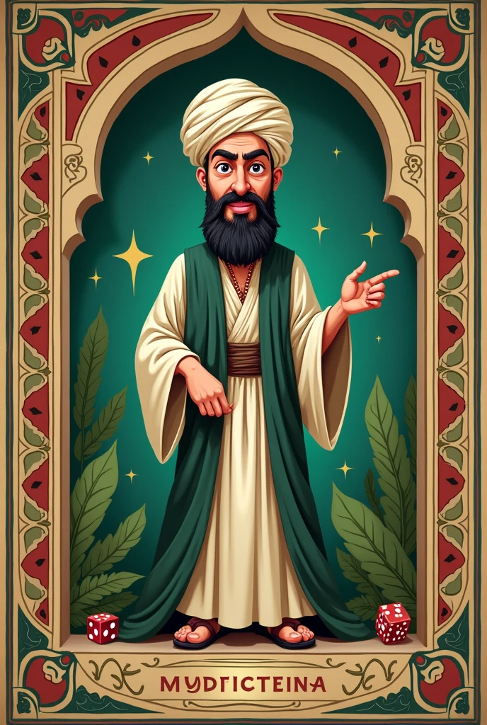 Avicena in cartoon board game mafia style in dark beige and green background