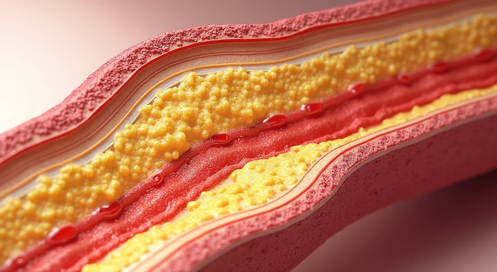 A medical illustration of a cross-section of artery,  narrowed by plaque buildup, reducing blood flow. the plaque is shown in yellow.
