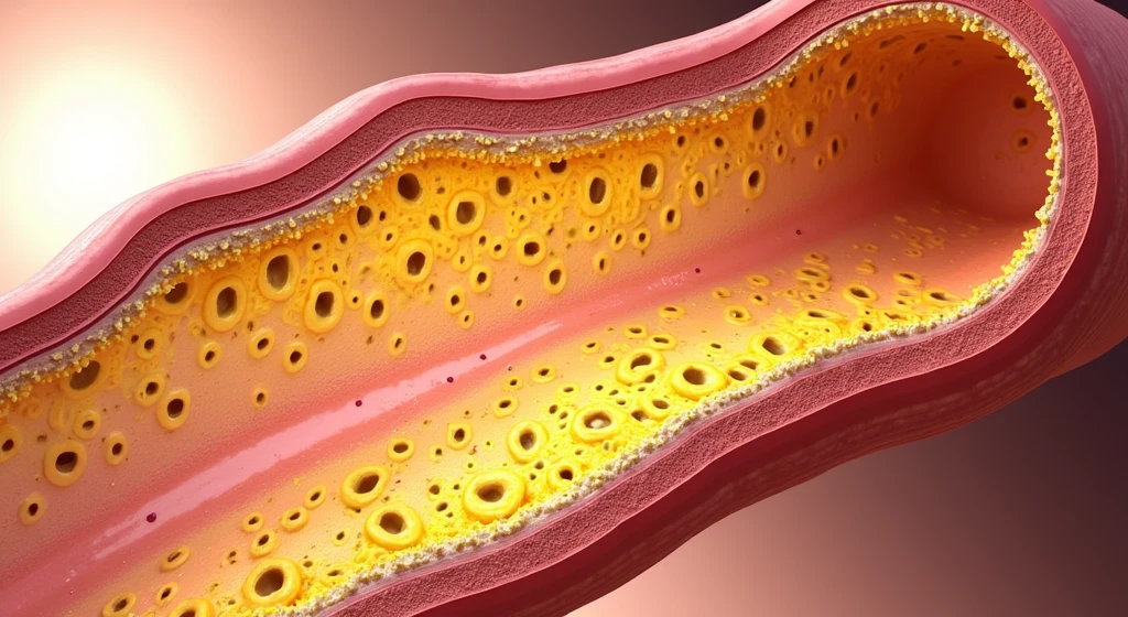 A medical illustration of a cross-section of artery,  narrowed by plaque buildup, reducing blood flow. the plaque is shown in yellow.
