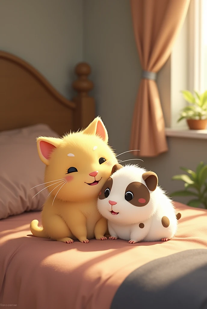 1 Light yellow cat, 1 white guinea pig,with black and brown spots,sitting on a bed,room,Together