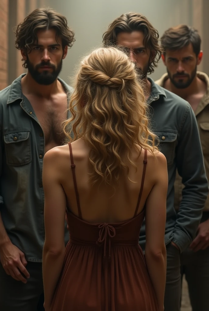 Create a curly blonde woman from the back and 3 men with bear shadow