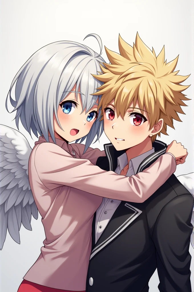 ((best quality)), ((masterpiece)), (detailed), perfect face ((Boku no hero style, anime)) A girl with short messy white hair, white wings, blue eyes hugging a guy who's named Katsuki Bakugou, FROM Boku no hero. A short-temper Guy, blond Haru, spiky hair and red eyes.