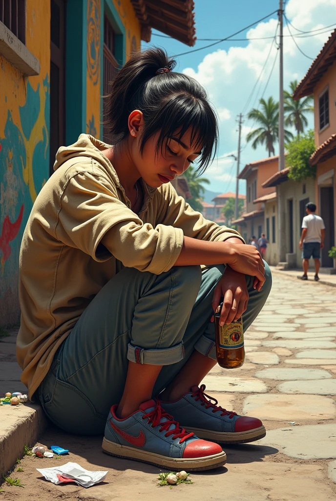 Simple drawing of a drunk teenager on the street of an indigenous town sitting on the sidewalk consuming drugs and alcohol, keeping the background of this image 