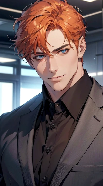 (best quality,4k,8k,highres,masterpiece:1.2),ultra-detailed,(realistic,photorealistic,photo-realistic:1.37),1 man,3,mature man,very handsome,without expression,smile,short orange hair,blue eyes,penetrating gaze,perfect face without errors,imposing posture,businessman,office background,cinematic lighting,hdr image