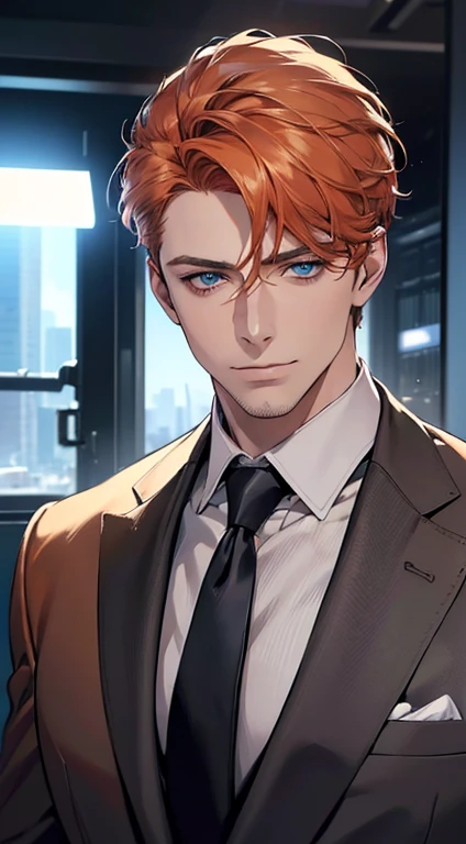 (best quality,4k,8k,highres,masterpiece:1.2),ultra-detailed,(realistic,photorealistic,photo-realistic:1.37),1 man,3,mature man,very handsome,without expression,smile,short orange hair,blue eyes,penetrating gaze,perfect face without errors,imposing posture,businessman,office background,cinematic lighting,hdr image