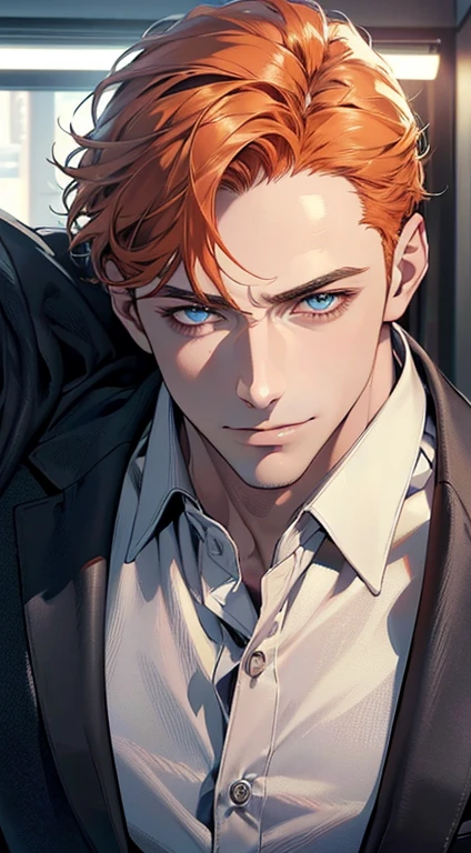 (best quality,4k,8k,highres,masterpiece:1.2),ultra-detailed,(realistic,photorealistic,photo-realistic:1.37),1 man,3,mature man,very handsome,without expression,smile,short orange hair,blue eyes,penetrating gaze,perfect face without errors,imposing posture,businessman,office background,cinematic lighting,hdr image