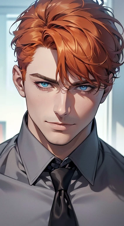 (best quality,4k,8k,highres,masterpiece:1.2),ultra-detailed,(realistic,photorealistic,photo-realistic:1.37),1 man,3,mature man,very handsome,without expression,smile,short orange hair,blue eyes,penetrating gaze,perfect face without errors,imposing posture,businessman,office background,cinematic lighting,hdr image