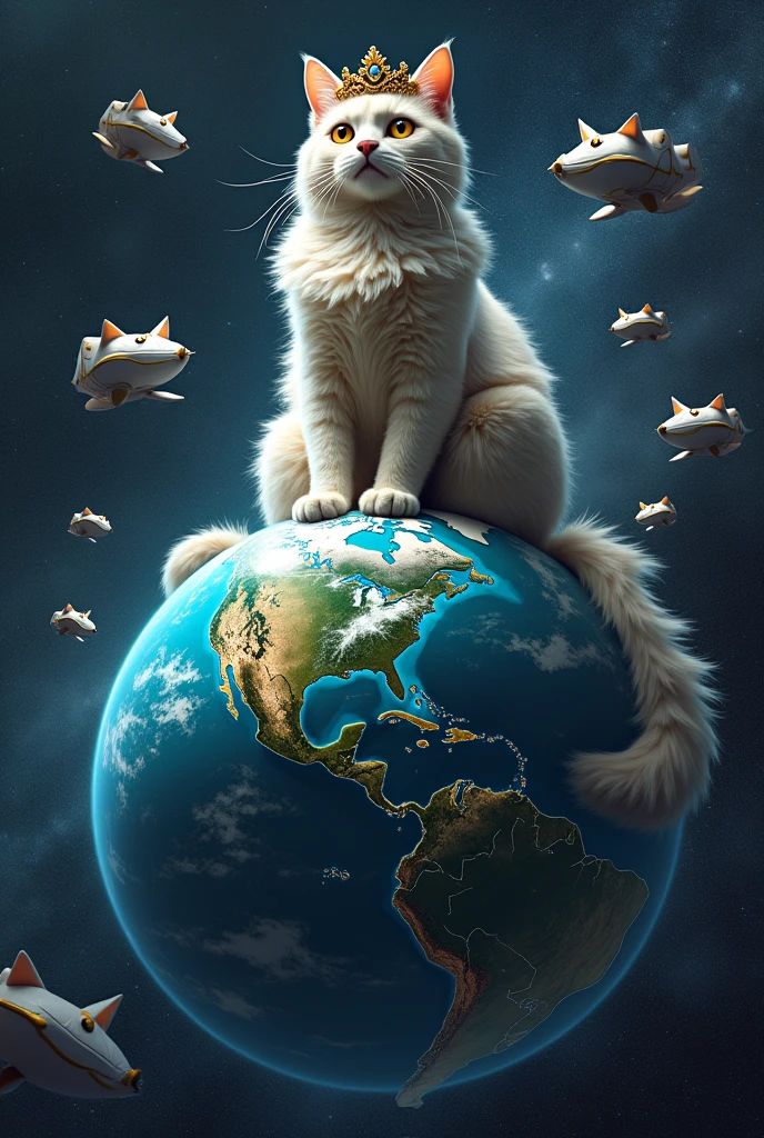 A giant cat on top of planet Earth with a crown, and around it, in the space, Thousands of cat spaceships celebrating victory 