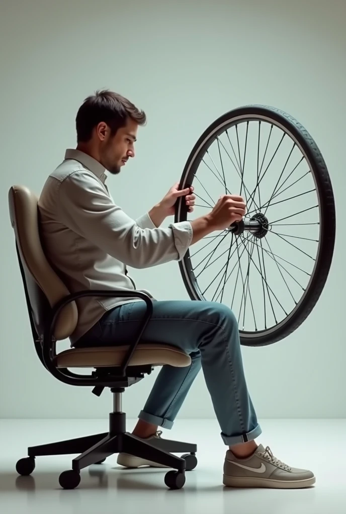 You can generate an image of the setup used in the angular motion conservation experiment, which consists of a swivel chair, A person sitting on this chair while holding a bicycle wheel by means of handles that hold the wheel, the wheel does not contain a chair