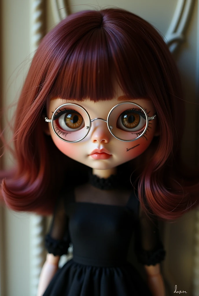 Imagine a blythe Doll with dark red hair with light red highlights at shoulder length and with no bangs, round and thin silver glasses on her face, open Hazel eyes, a small scar on her left cheek and a black dress