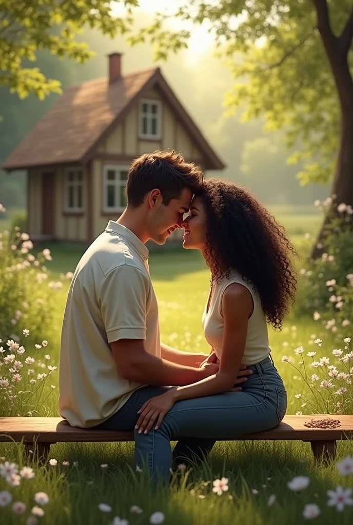 Couple in love white man and black woman they are sitting on a bench in nature their house is in the background 
